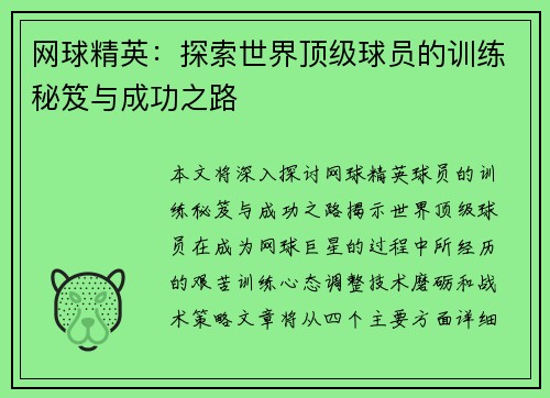 网球精英：探索世界顶级球员的训练秘笈与成功之路